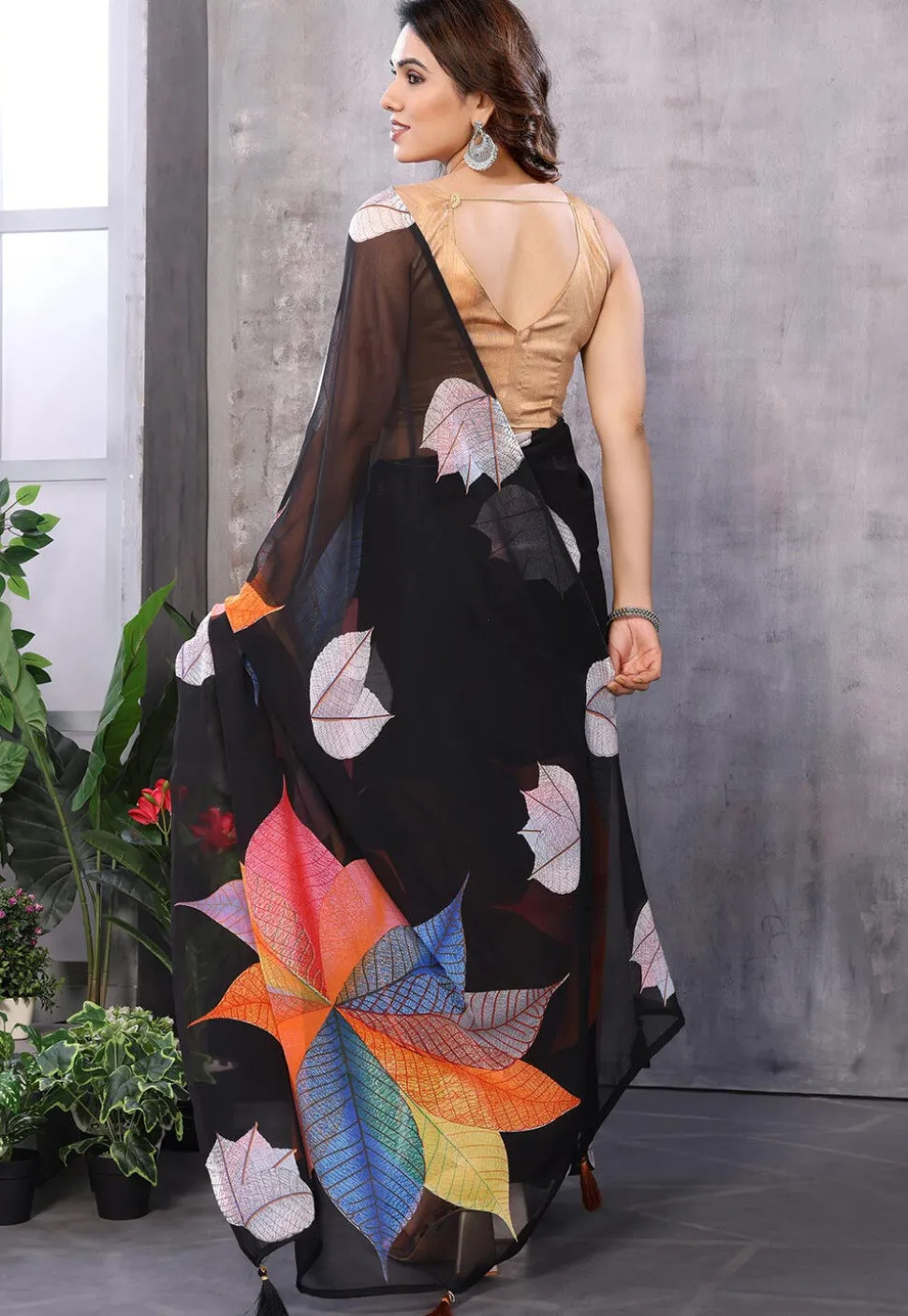 Pre Stitched Georgette Saree in Black