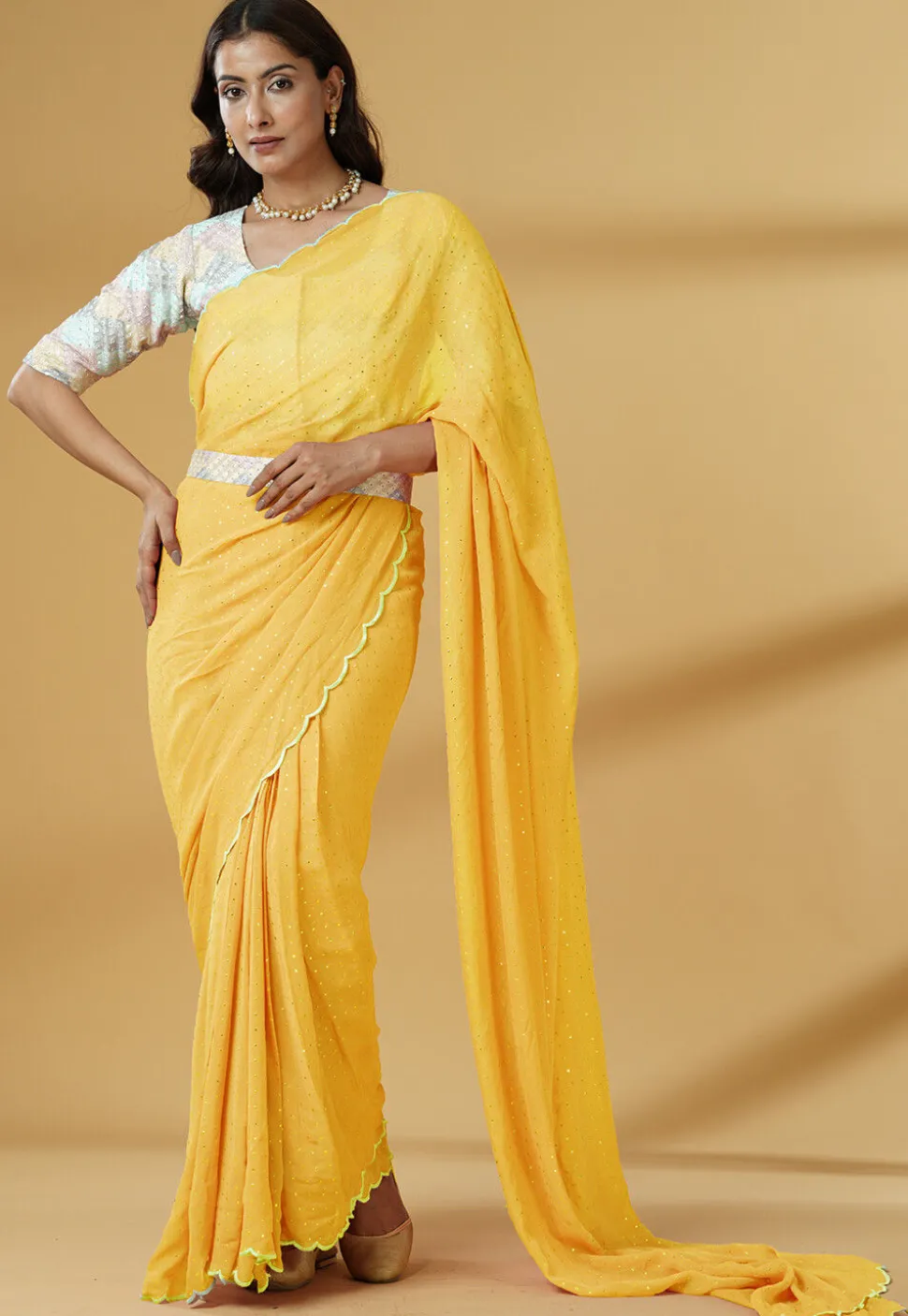 Pre Stitched Georgette Scalloped Saree in Yellow