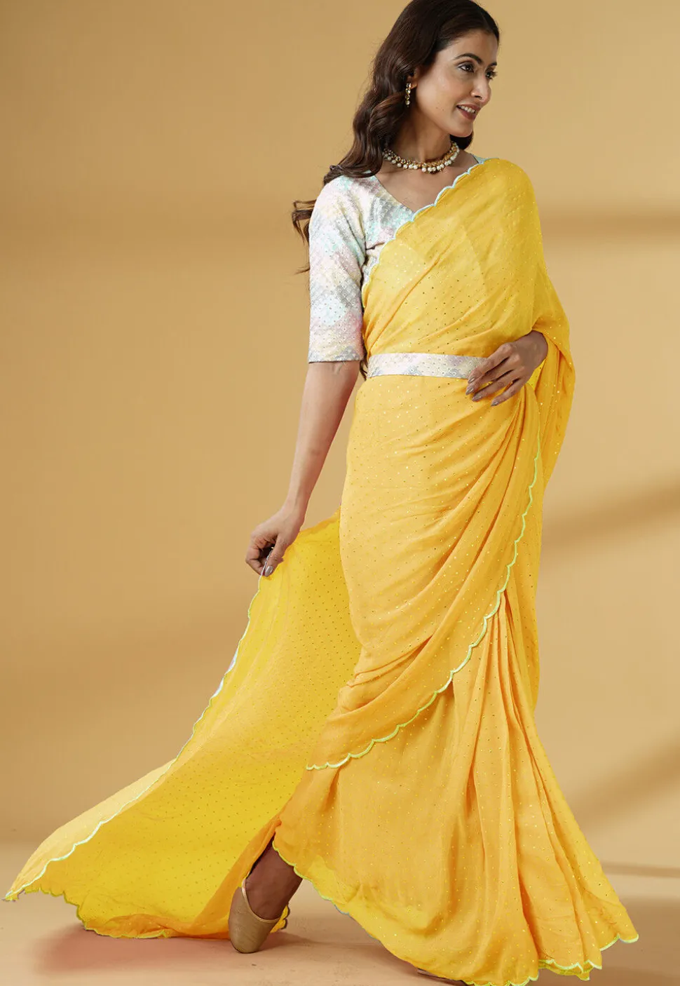 Pre Stitched Georgette Scalloped Saree in Yellow