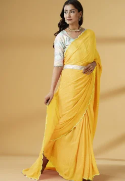 Pre Stitched Georgette Scalloped Saree in Yellow