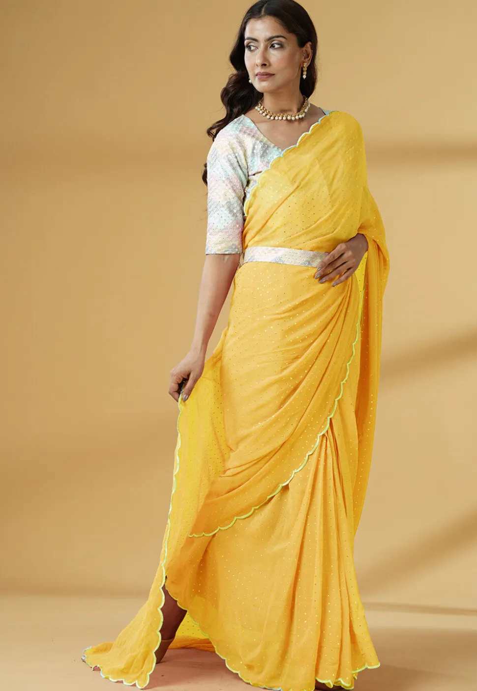 Pre Stitched Georgette Scalloped Saree in Yellow