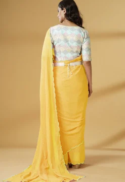 Pre Stitched Georgette Scalloped Saree in Yellow