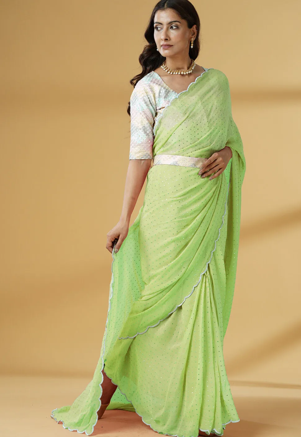 Pre Stitched Georgette Scalloped Saree in Light Green