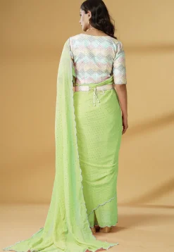 Pre Stitched Georgette Scalloped Saree in Light Green