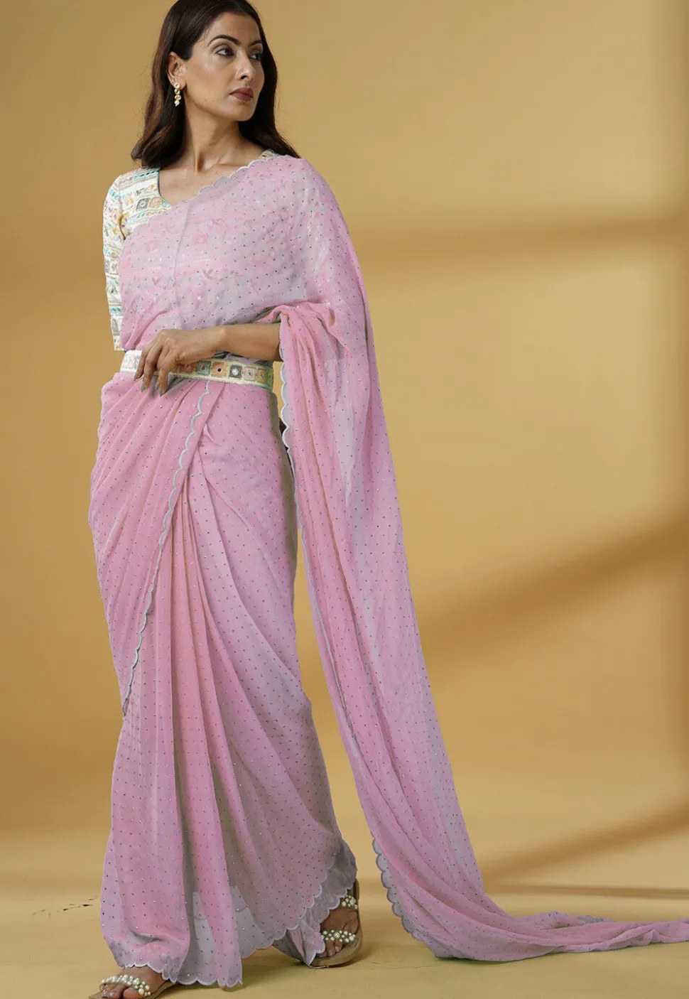 Pre Stitched Georgette Scalloped Saree in Light Pink