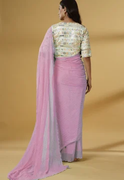 Pre Stitched Georgette Scalloped Saree in Light Pink