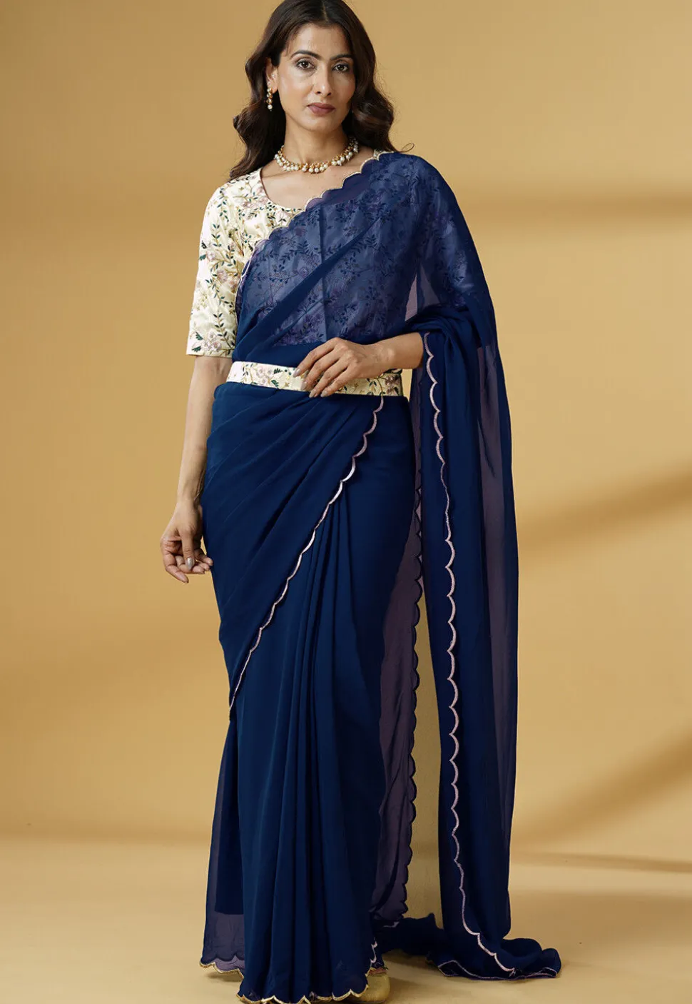 Pre Stitched Georgette Scalloped Saree in Blue