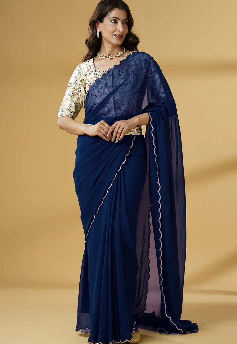 Pre Stitched Georgette Scalloped Saree in Blue