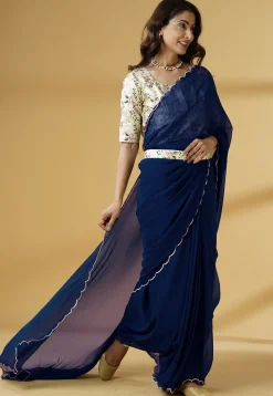 Pre Stitched Georgette Scalloped Saree in Blue