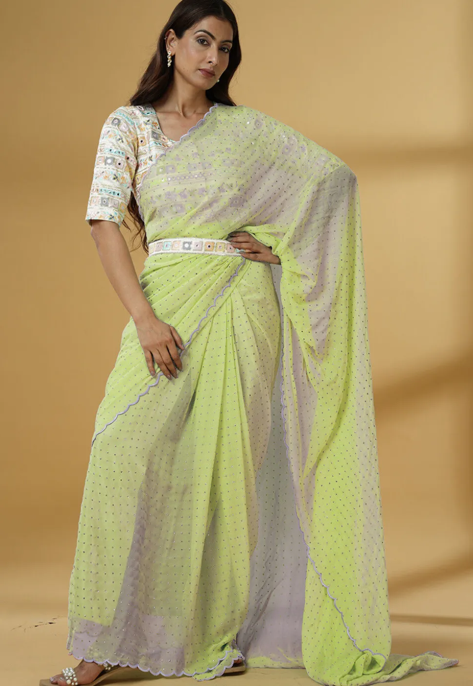Pre Stitched Georgette Scalloped Saree in Light Green