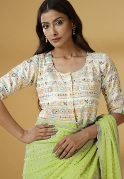 Pre Stitched Georgette Scalloped Saree in Light Green