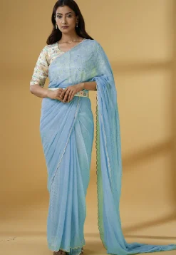Pre Stitched Georgette Scalloped Saree in Dusty Blue