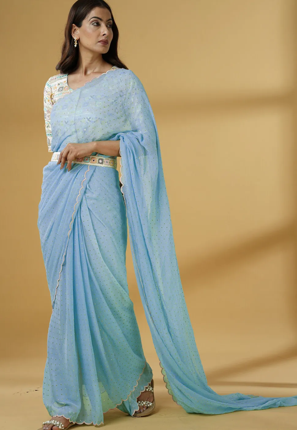 Pre Stitched Georgette Scalloped Saree in Dusty Blue
