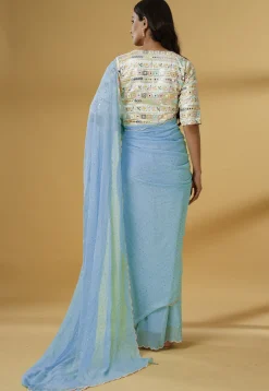 Pre Stitched Georgette Scalloped Saree in Dusty Blue