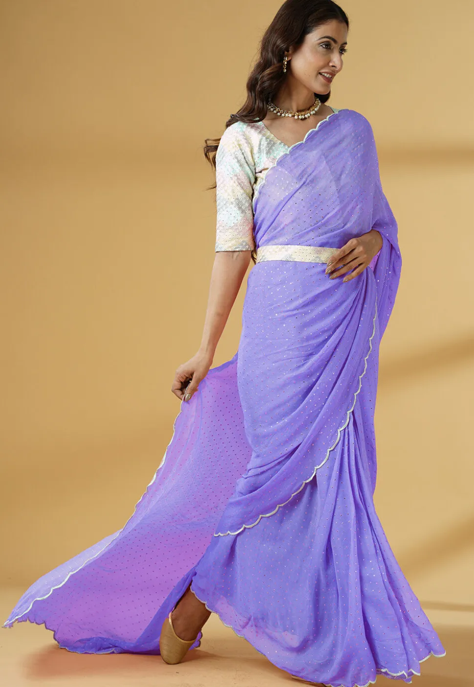 Pre Stitched Georgette Scalloped Saree in Light Purple