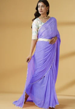 Pre Stitched Georgette Scalloped Saree in Light Purple