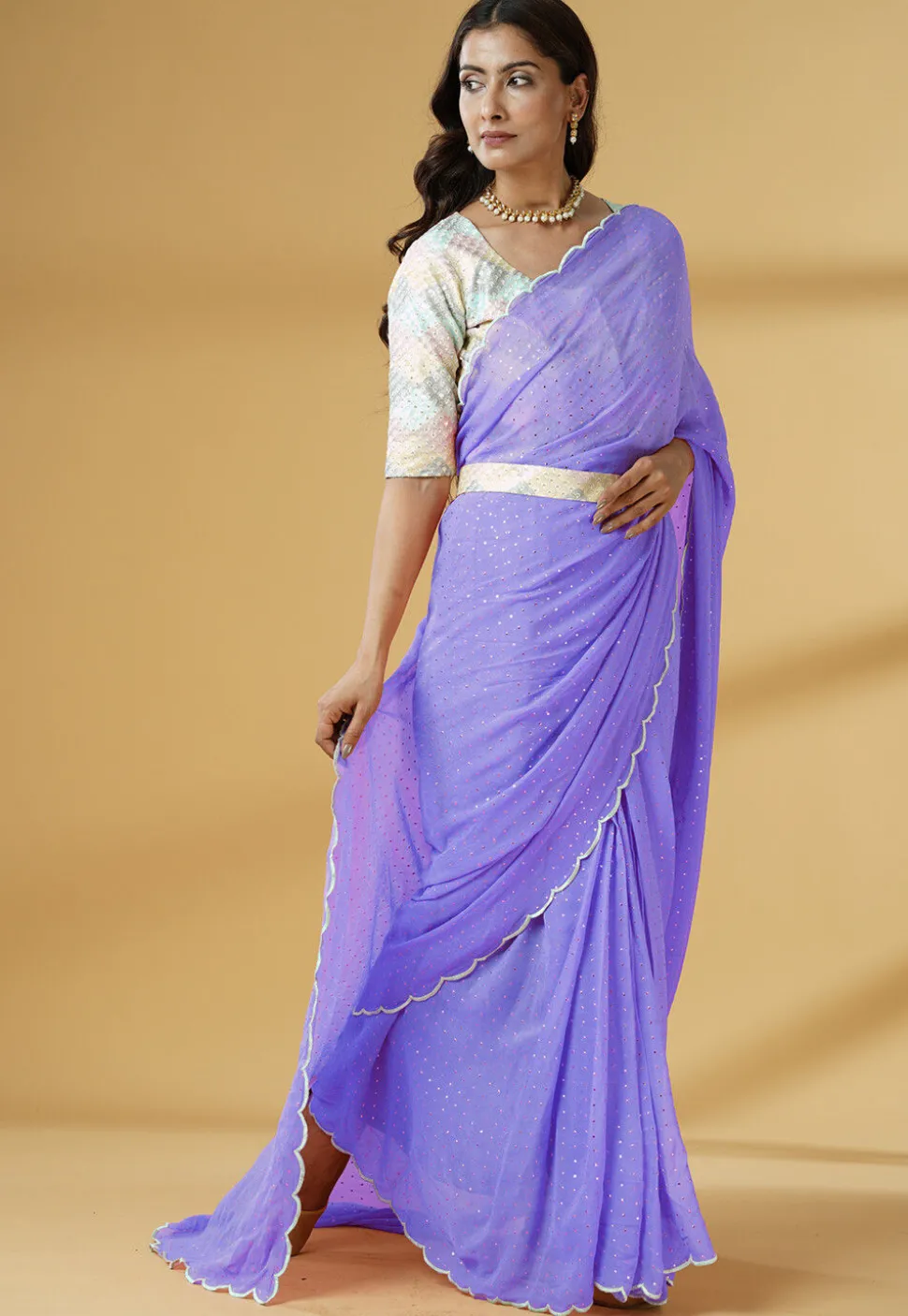 Pre Stitched Georgette Scalloped Saree in Light Purple