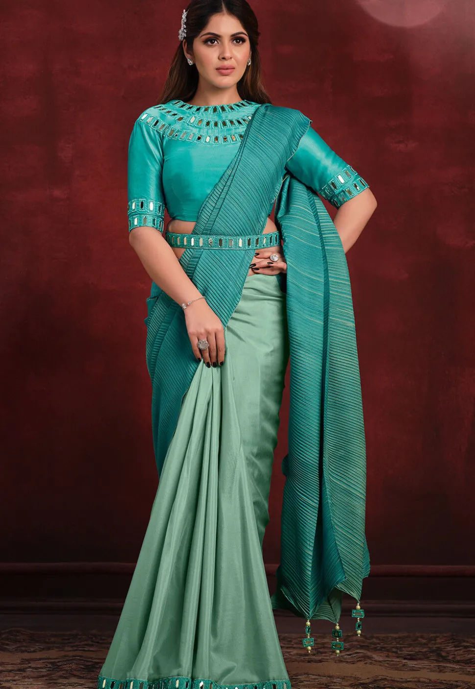 Pre Stitched Georgette Silk Saree in Sea Green and Turquoise