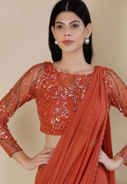 Pre Stitched Net Lycra Saree in Orange