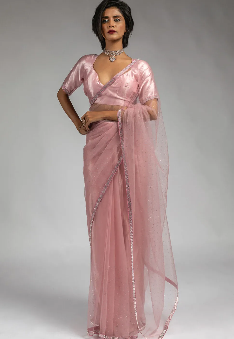 Pre Stitched Net Saree in Pink