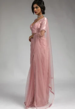 Pre Stitched Net Saree in Pink