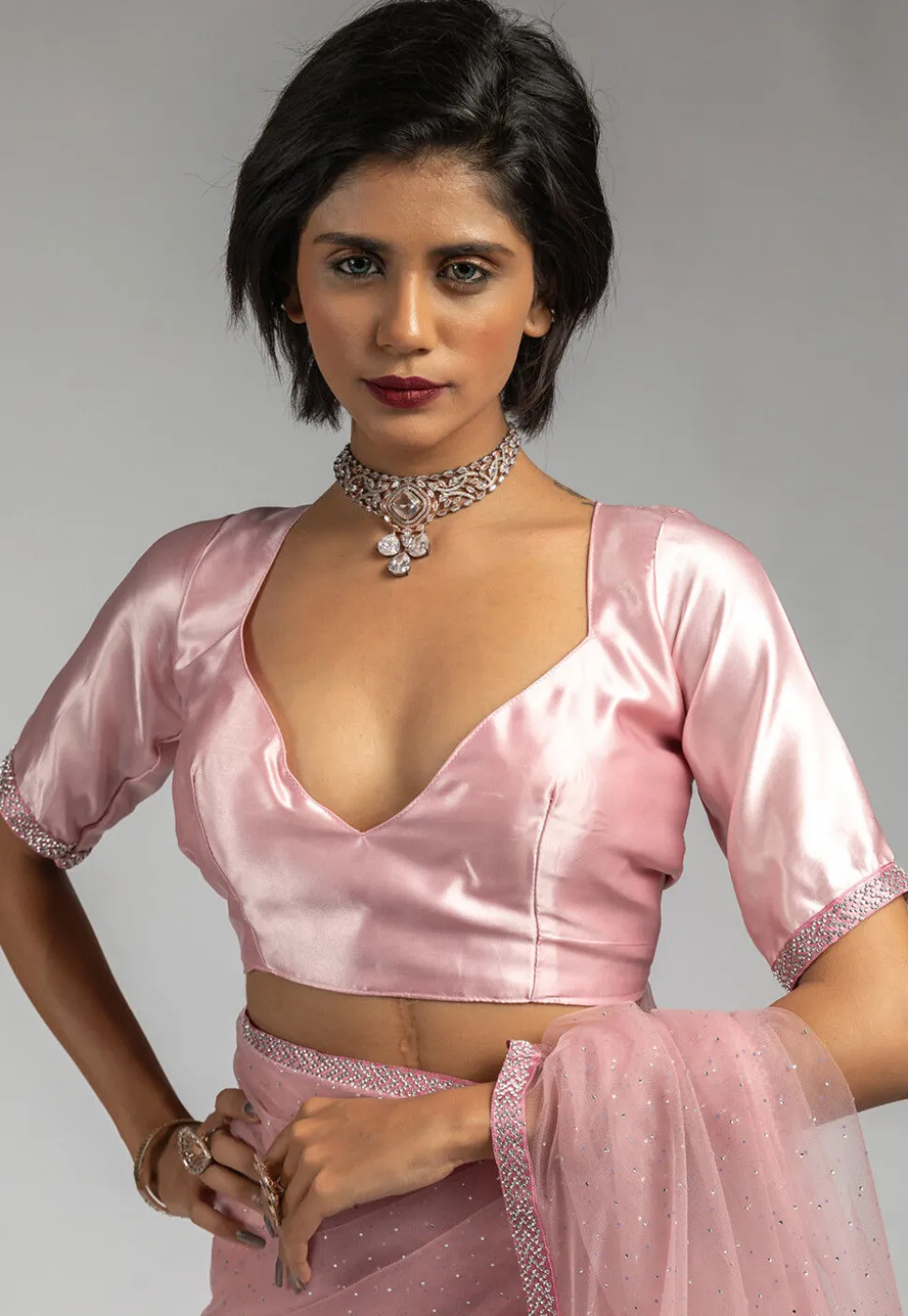 Pre Stitched Net Saree in Pink