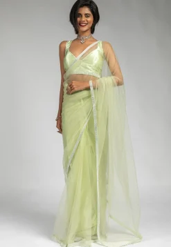 Pre Stitched Net Saree in Light Green