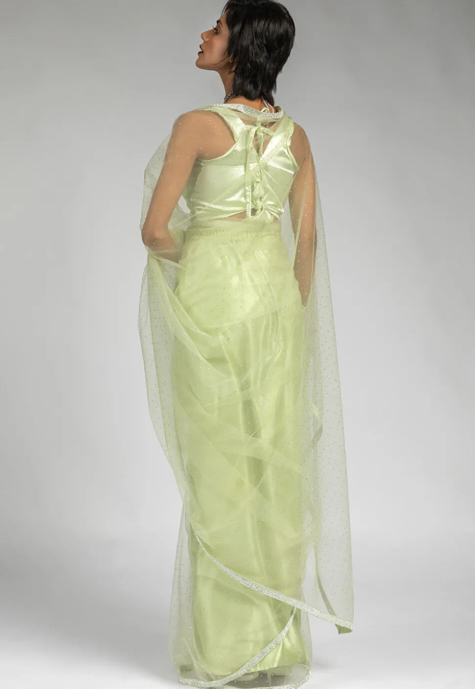 Pre Stitched Net Saree in Light Green