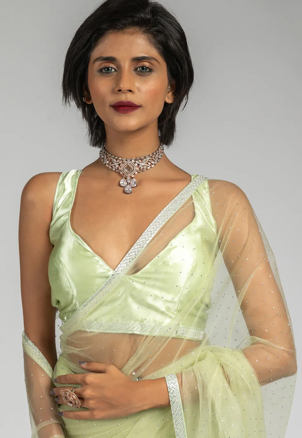 Pre Stitched Net Saree in Light Green