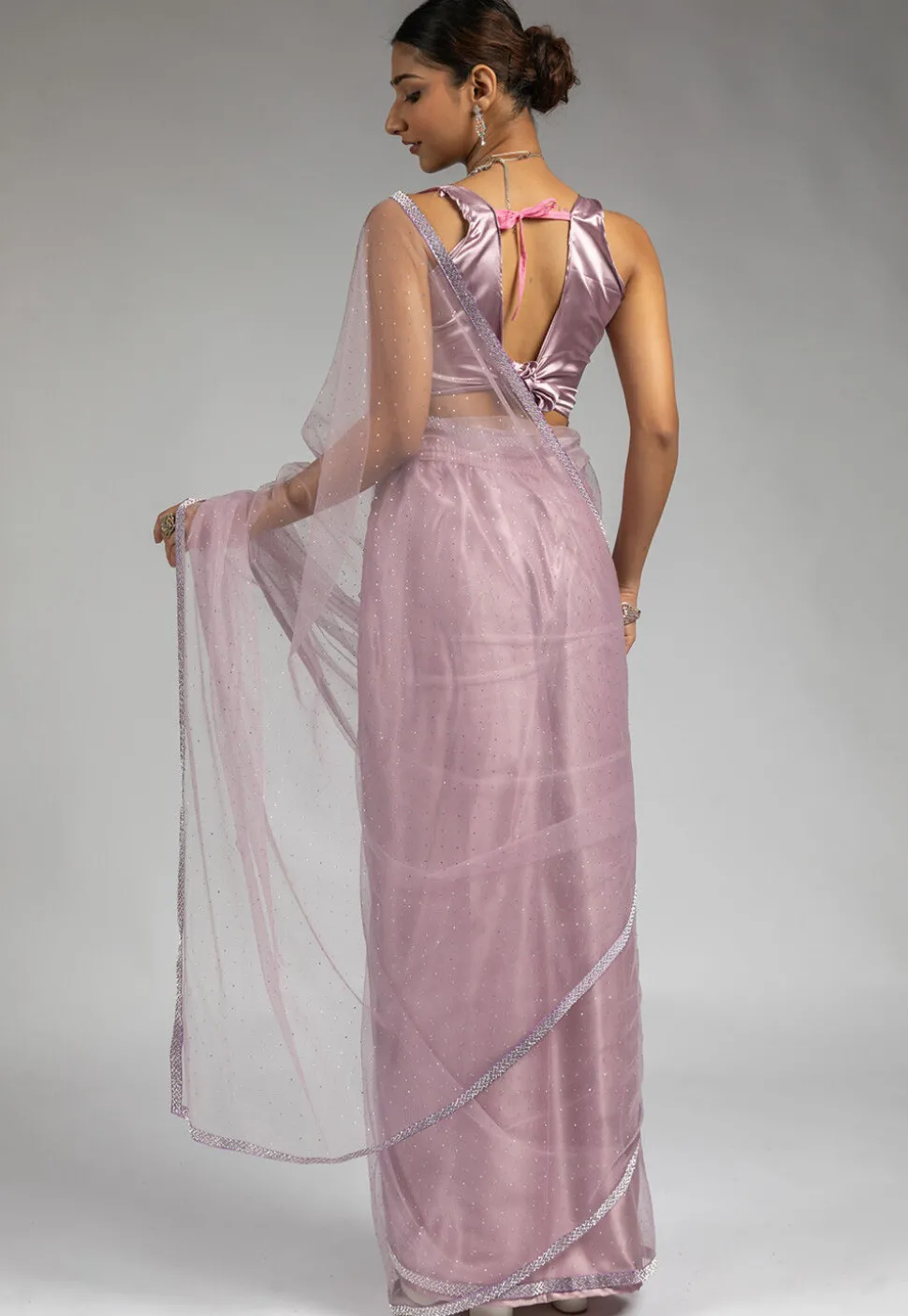 Pre Stitched Net Saree in Purple