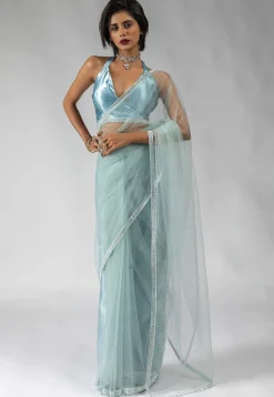 Pre Stitched Net Saree in Light Blue