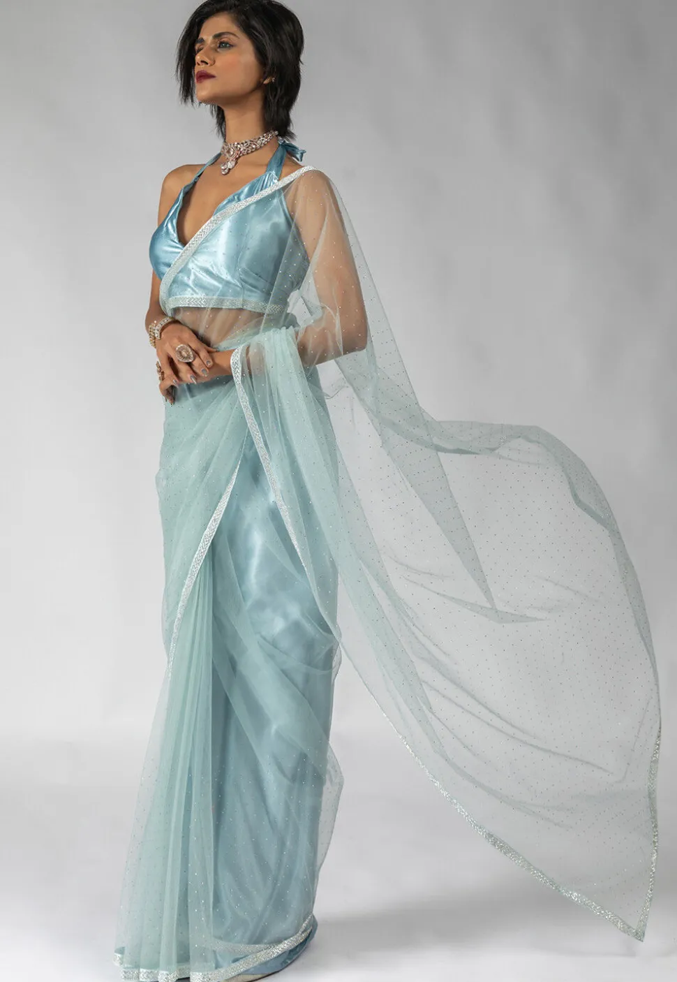 Pre Stitched Net Saree in Light Blue