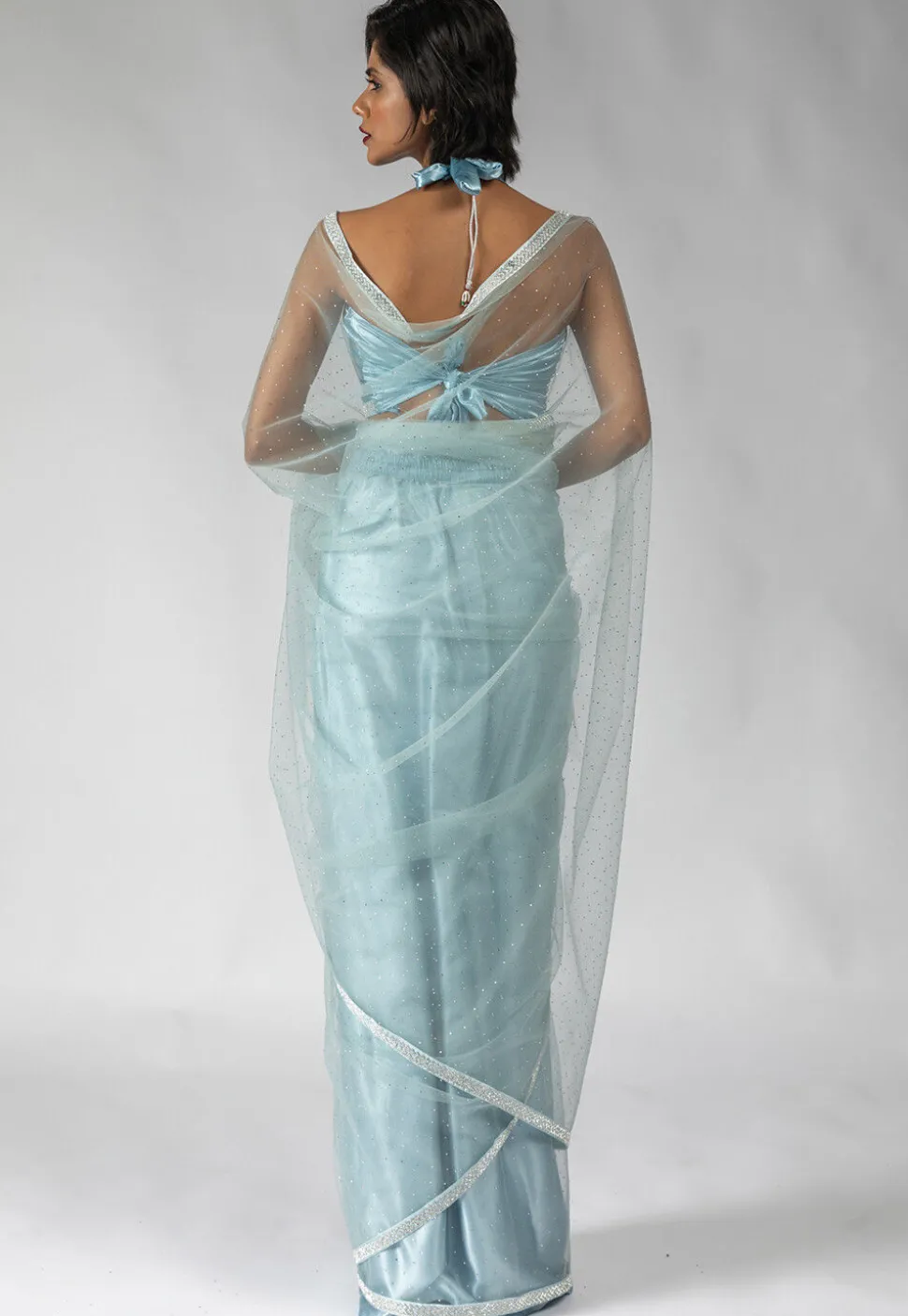 Pre Stitched Net Saree in Light Blue
