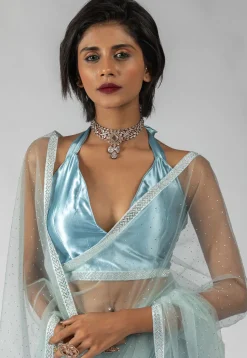 Pre Stitched Net Saree in Light Blue