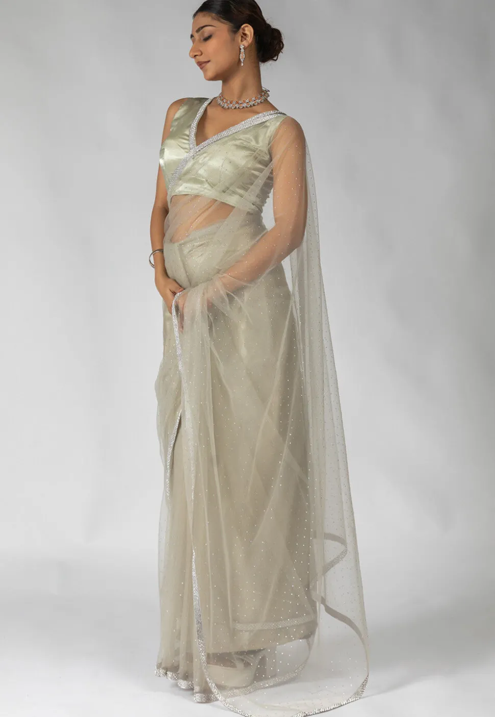 Pre Stitched Net Saree in Dusty Green
