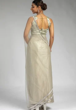 Pre Stitched Net Saree in Dusty Green