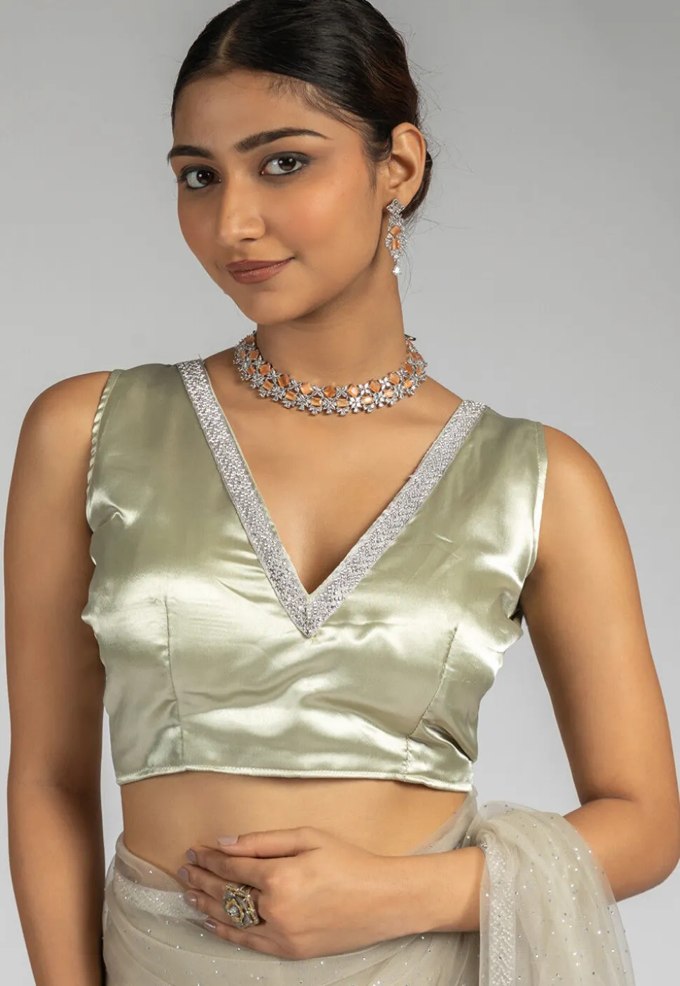 Pre Stitched Net Saree in Dusty Green