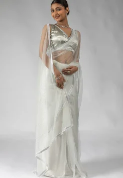 Pre Stitched Net Saree in Off White
