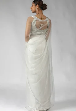 Pre Stitched Net Saree in Off White