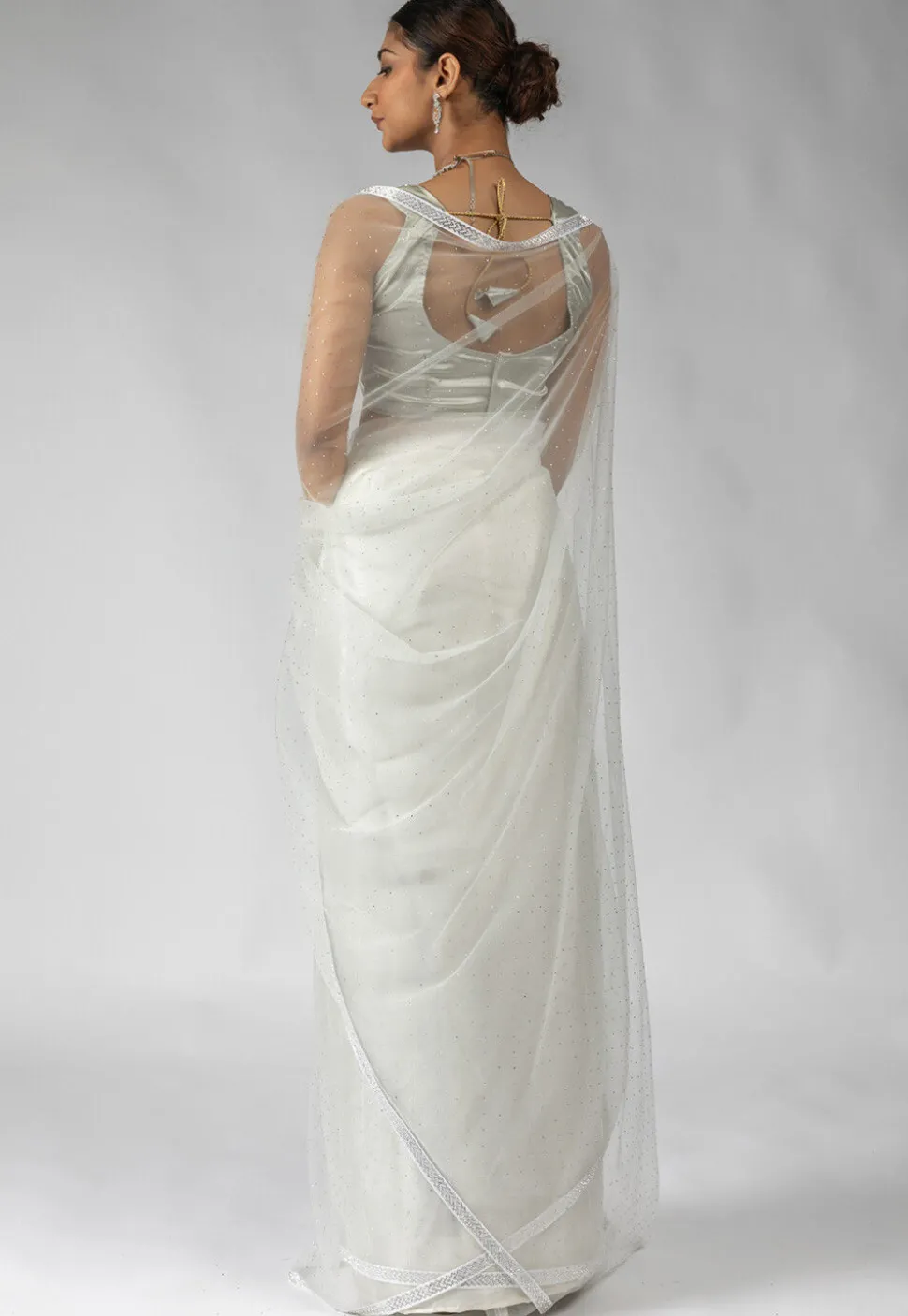 Pre Stitched Net Saree in Off White