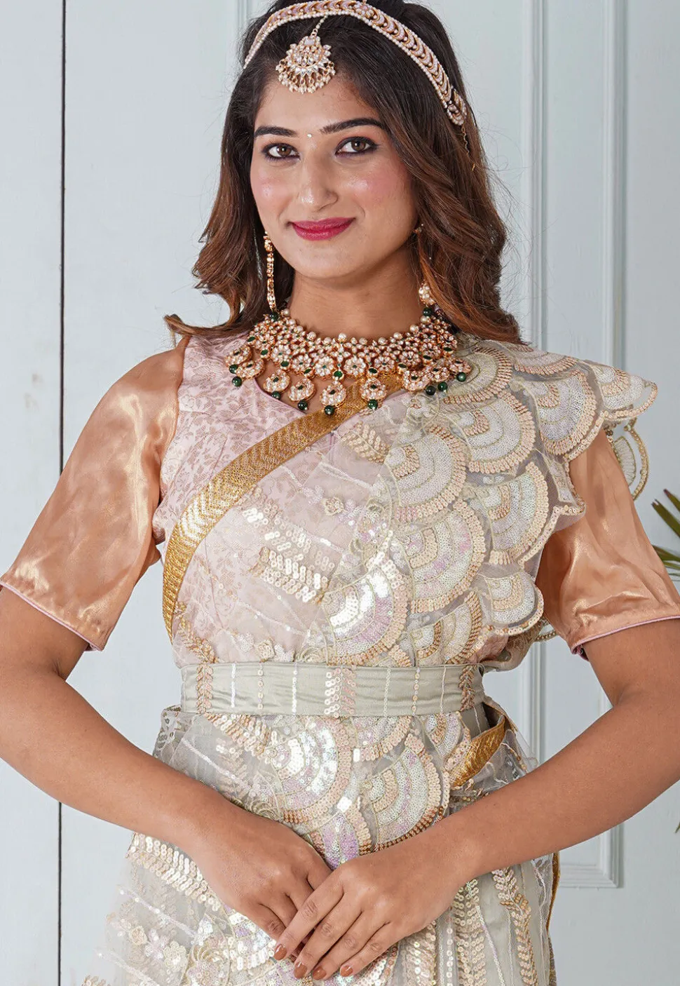 Pre Stitched Net Scalloped Hem Saree in Pastel Green