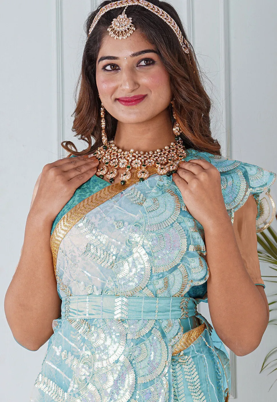 Pre Stitched Net Scalloped Hem Saree in Blue
