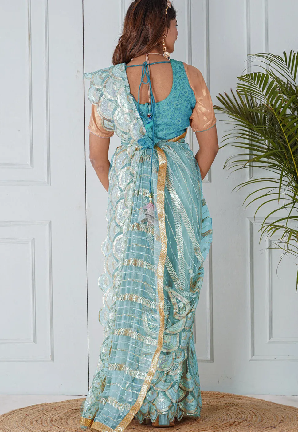 Pre Stitched Net Scalloped Hem Saree in Blue