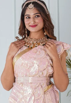 Pre Stitched Net Scalloped Hem Saree in Baby Pink
