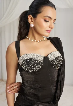 Pre Stitched Organza Saree in Black