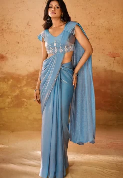 Pre Stitched Organza Saree in Blue