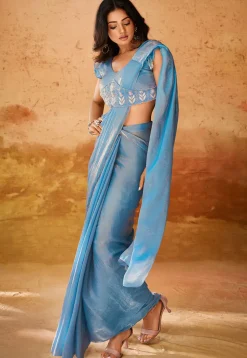 Pre Stitched Organza Saree in Blue