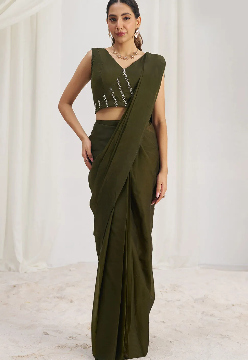 Pre Stitched Organza Saree in Olive Green