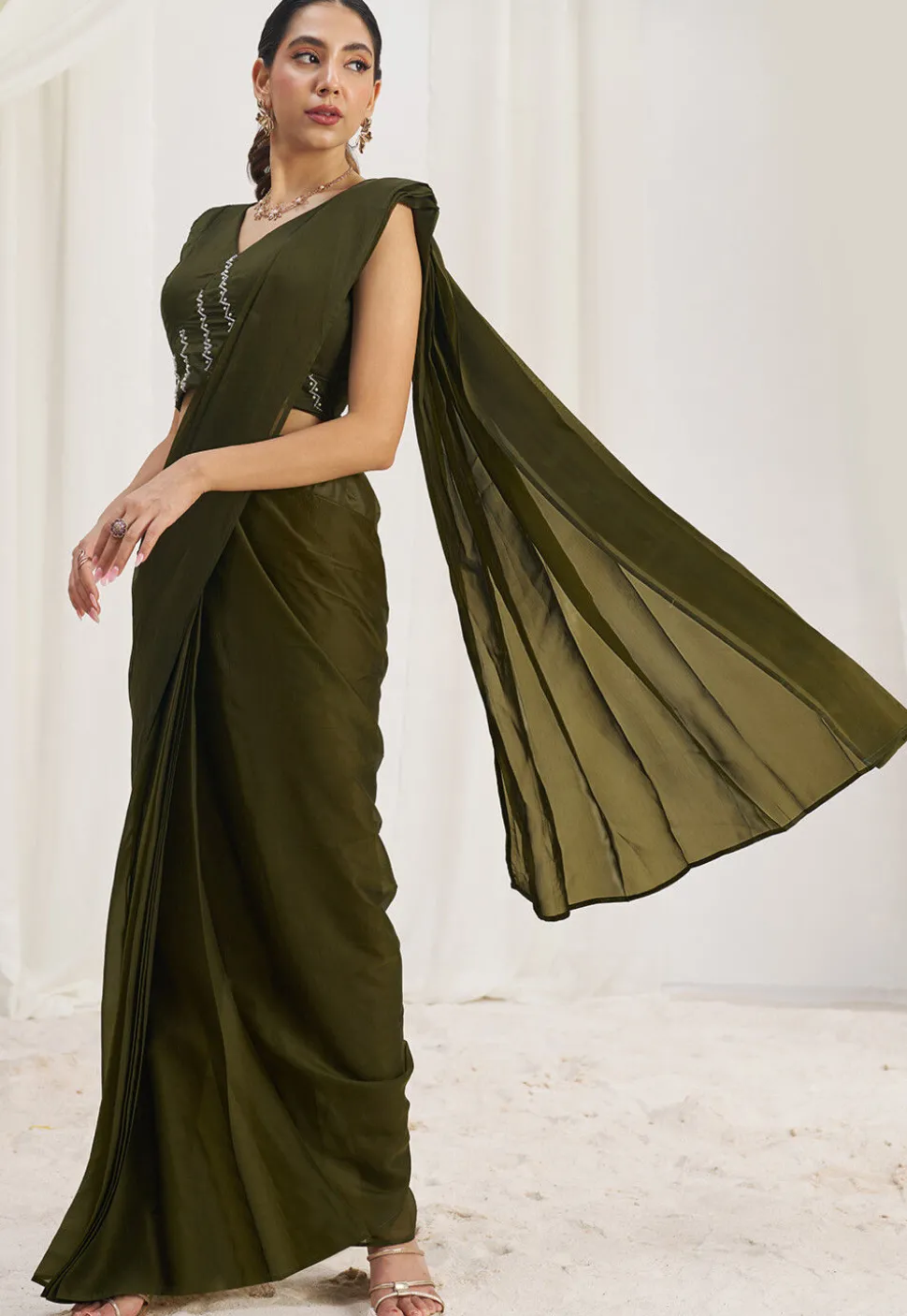 Pre Stitched Organza Saree in Olive Green