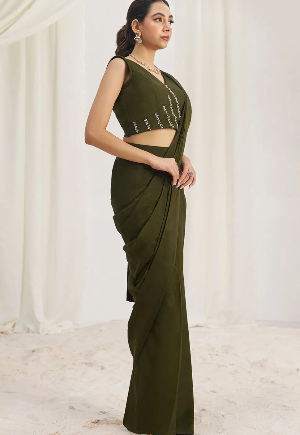 Pre Stitched Organza Saree in Olive Green